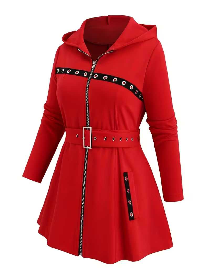 Plus Size, European and American Fashion Plus Size Women's Winter Drawstring Waist Belted Pocket Hooded Solid Color Zipper Jacket