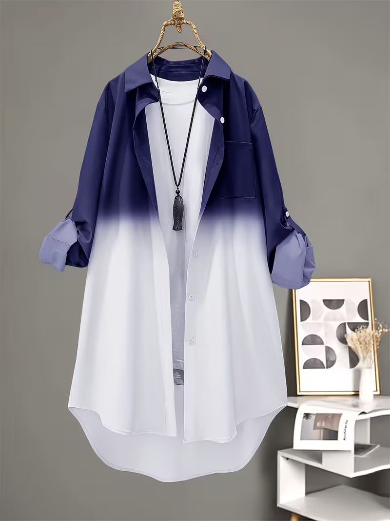 Plus Size - Plus Size - Gradient Long Sleeve Shirt, Mid-Length/All-Season Style, Fresh And Comfortable/Casual Wear/Women'S Clothing