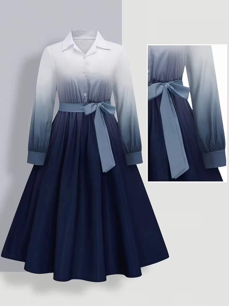 Plus Size, Fashionable Romantic Women's Blue and White Gradient Lace-Up Slim-Fit Maxi Elegant Dress YZ251