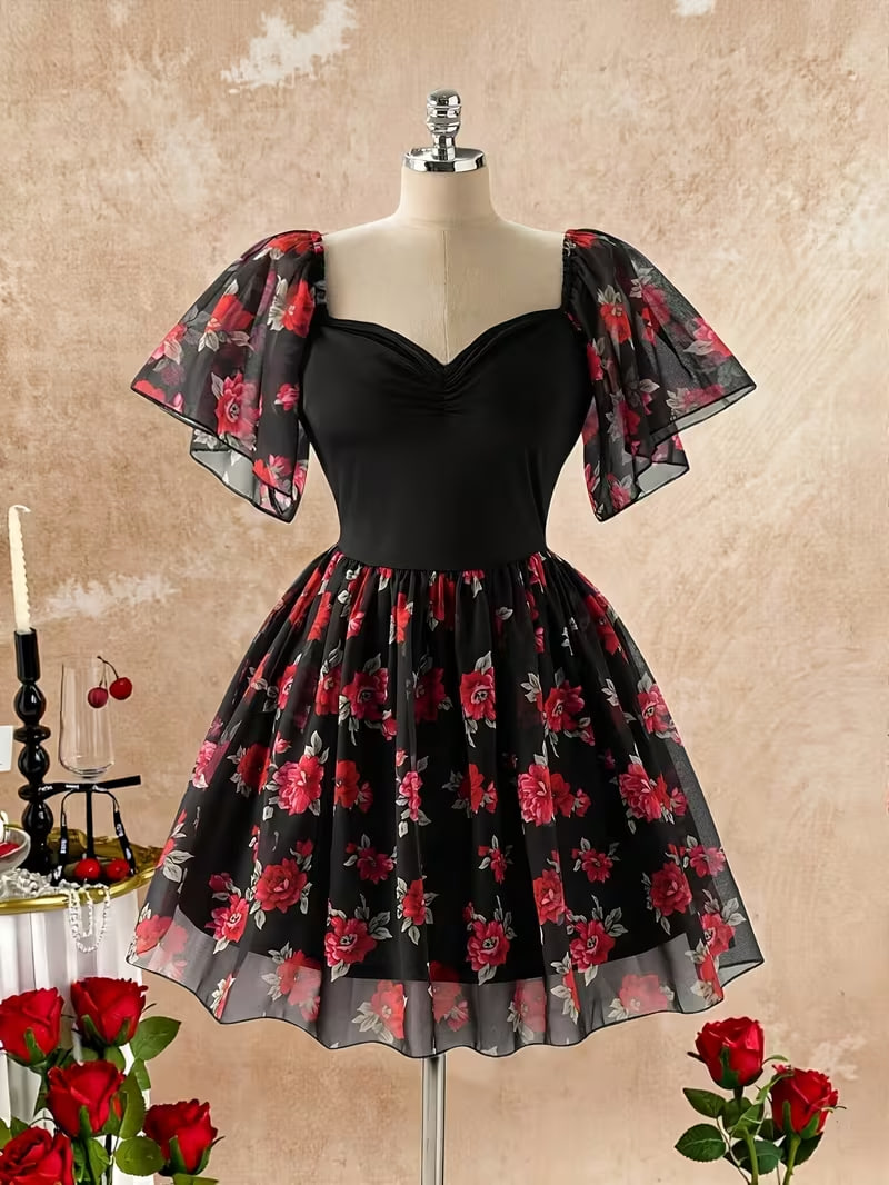 Plus Size - Plus Size - Plus Size Women'S Elegant Chiffon Printed Short-Sleeved Summer Dress Suitable for Dating