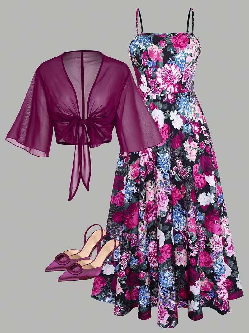 Plus Size - Plus Size - Plus Size Women'S Clothing Set Camisole Floral Print Dress And Outer Wear Chiffon Cover 2pcs Set Spring Summer Outer Wear