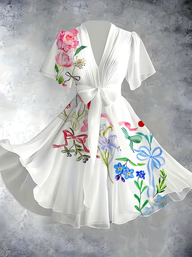 Plus Size - Plus Size - Eudong Direction Plus Size Women'S Vintage Floral Art Print V-Neck Elegant Chic Short Sleeve Flowing Midi Dress