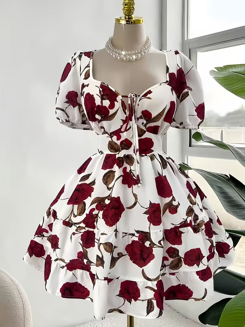 Plus Size, Plus Size -Neck Smocked Waist Dress with Puff Short Sleeves & Smock 