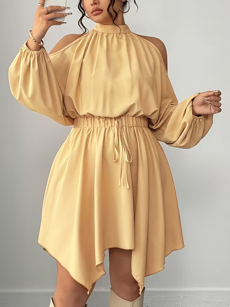 Plus Size - Plus Size - A Women'S Halter Neck Dress with Off-Shoulder Lantern Sleeves