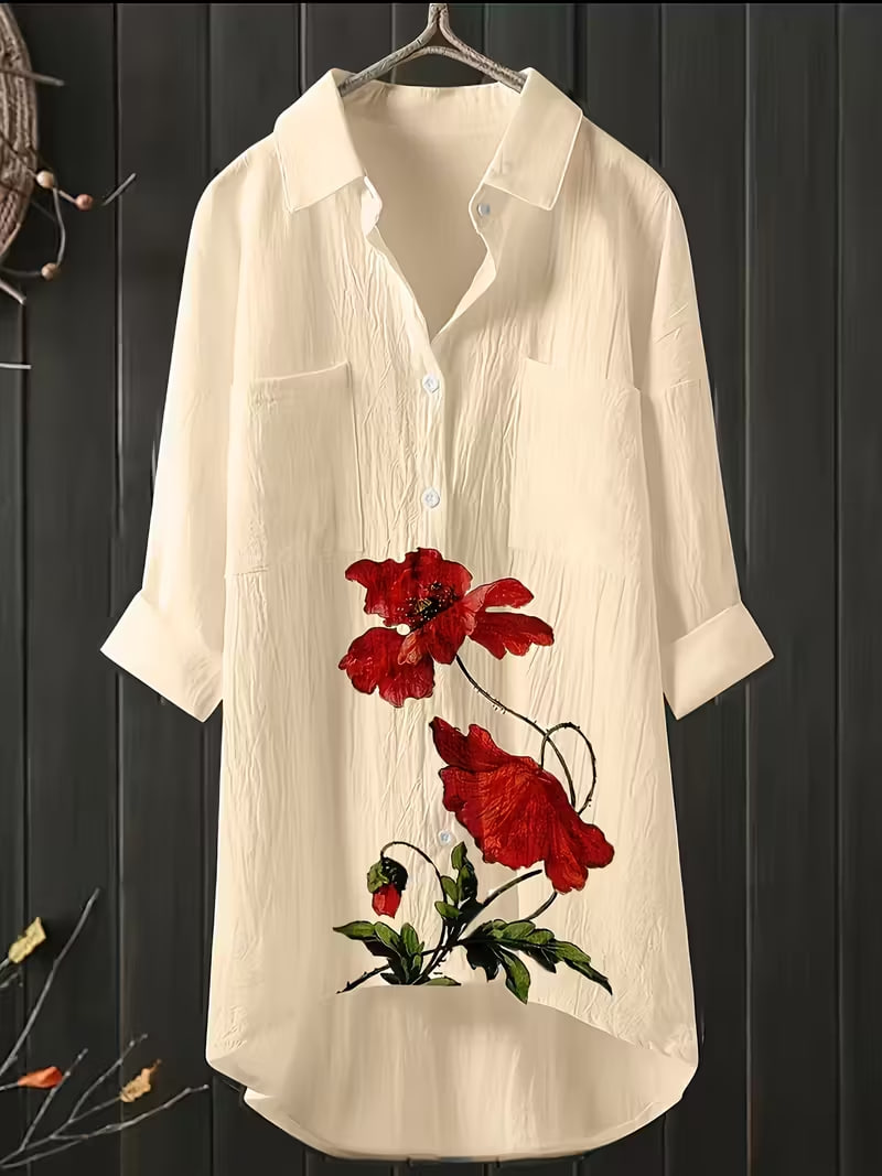 New Floral Print Long-Sleeve Shirt with Pockets for Plus-Size Women