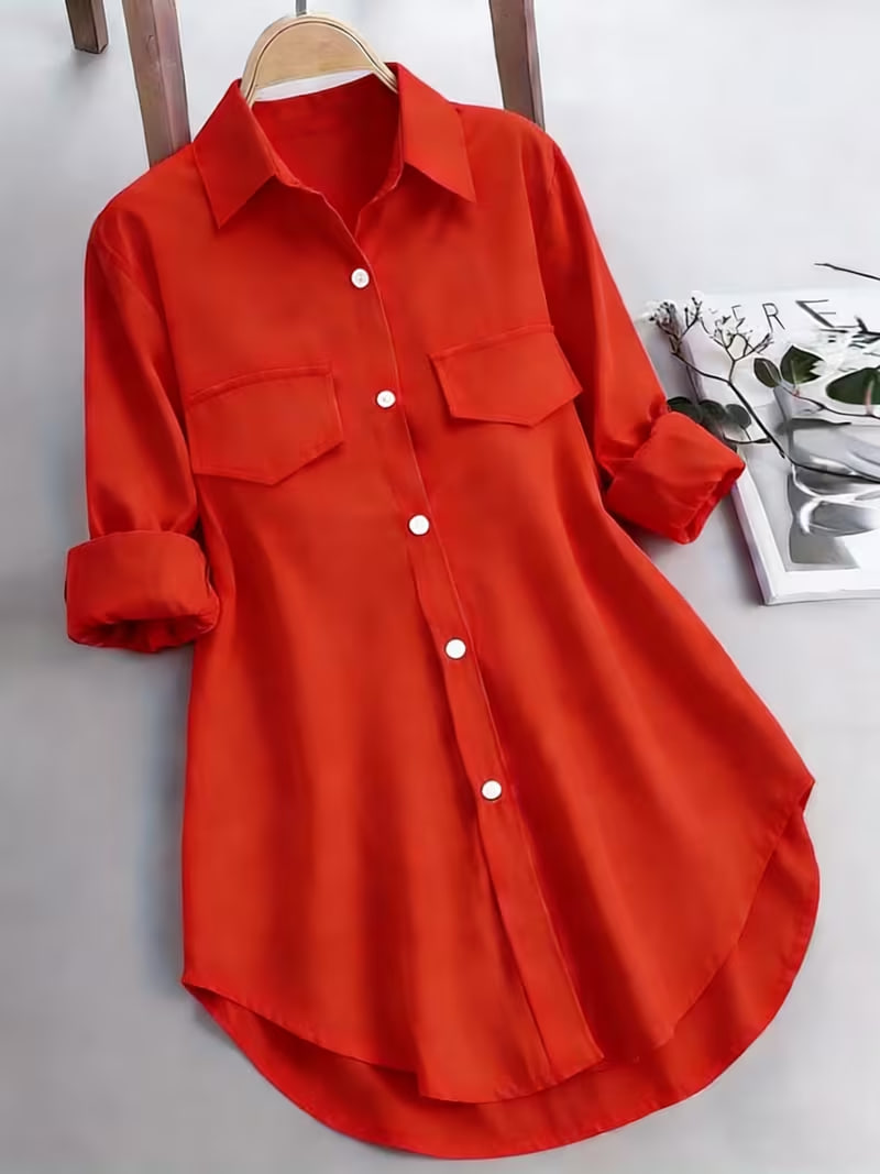 Bright Red Collared Dual-Pocket Longline Loose Shirt
