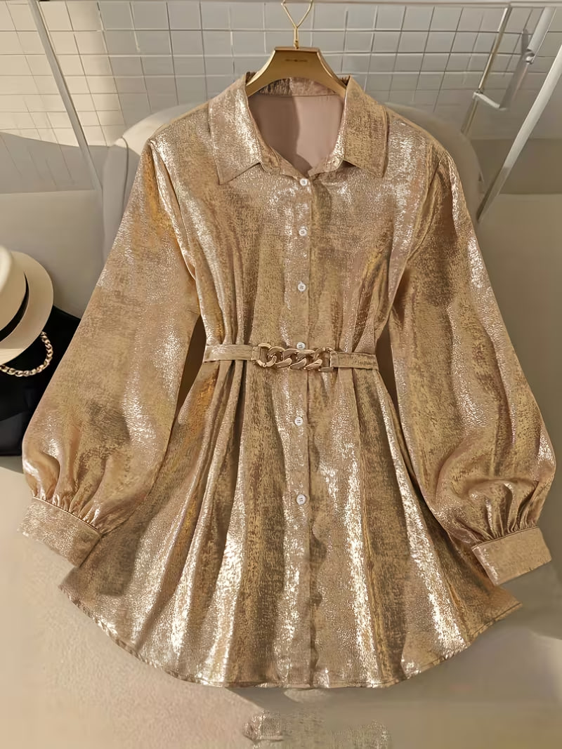 New Spring And Autumn Plus-Size Women'S Solid Color Long-Sleeve Shirt with a Belt for Outerwear