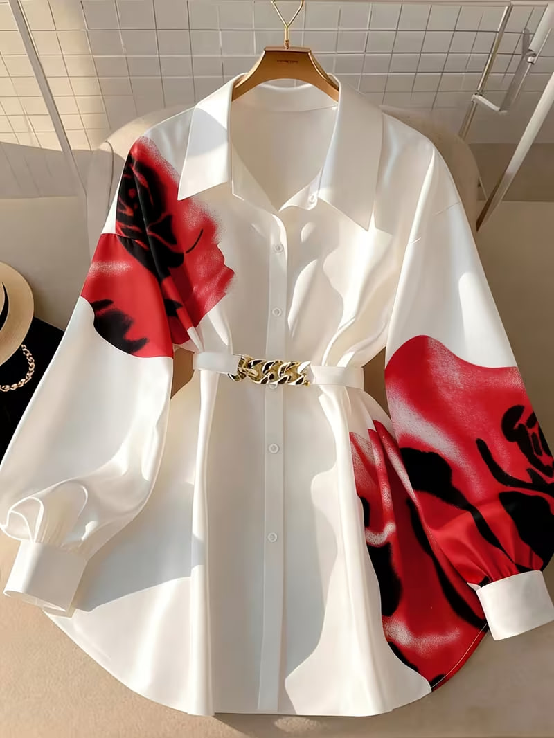 New Spring And Autumn Oversized Casual Printed Shirt for Plus-Size Women, Designed for Outdoor Wear