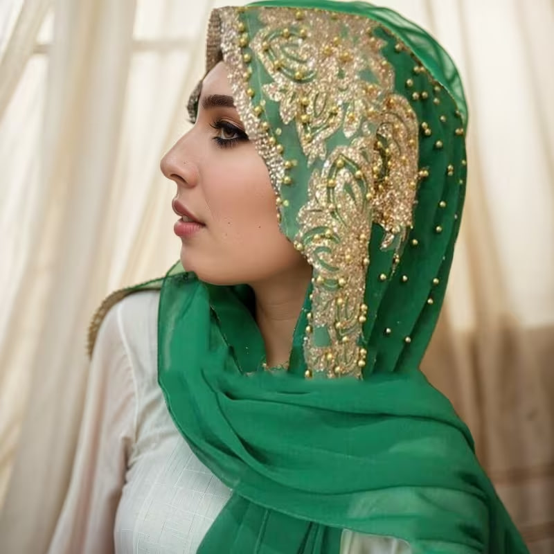 Chiffon Headscarf, Golden Sparkling Beads, Women'S Headscarf, Ramadan Women'S Long Headscarf