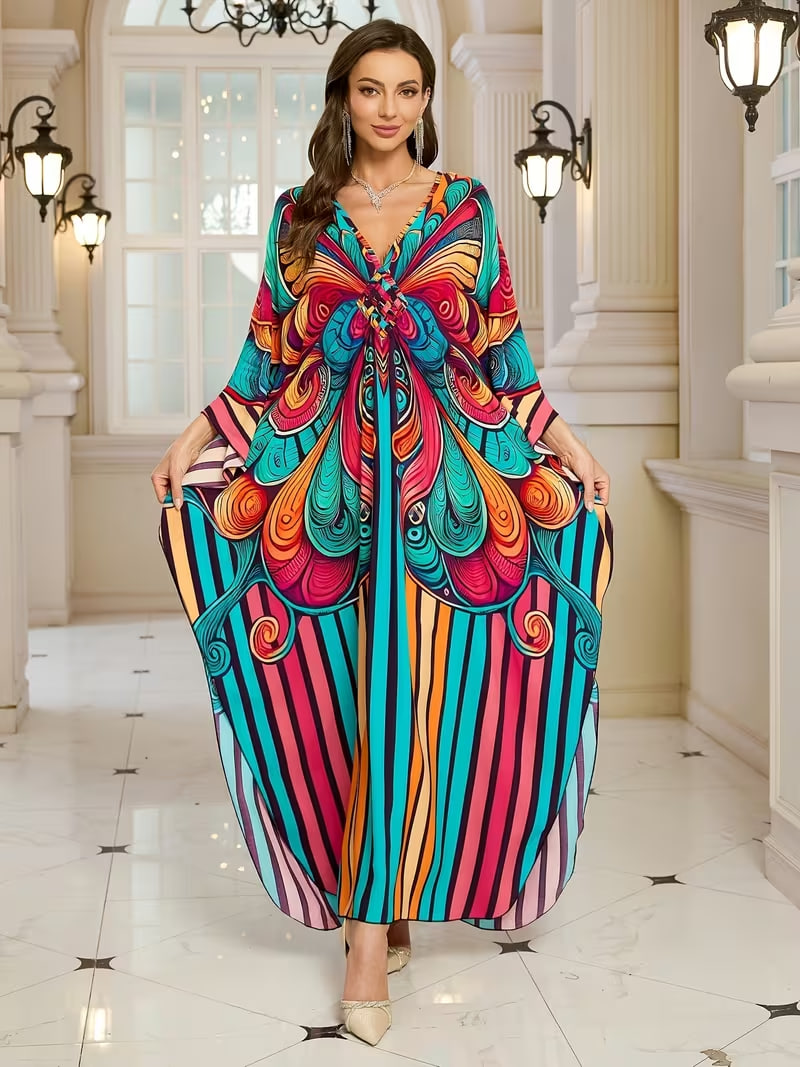 A Kaftan Dress Featuring a Bohemian Design with Peony Flower Prints