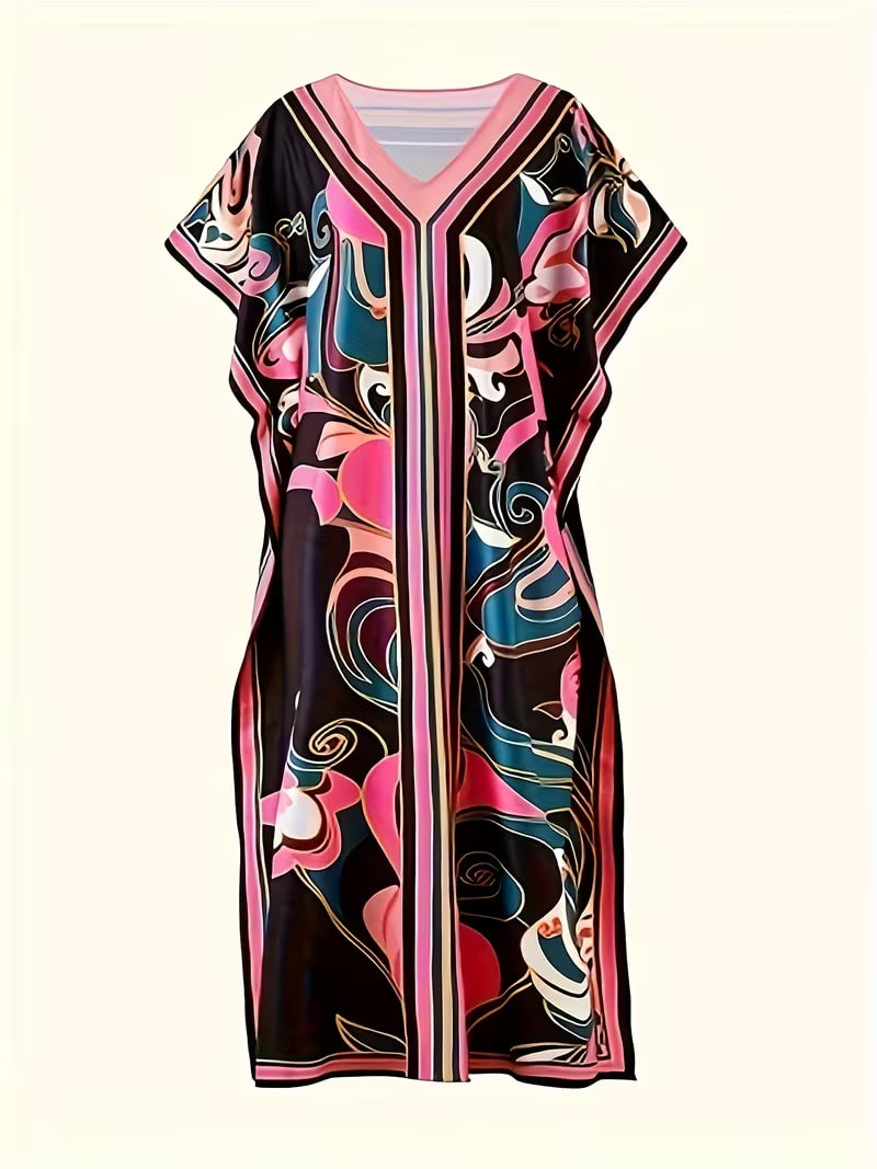  Women's V-neck Printed Caftan, Casual Beach Holiday Muslim Robe