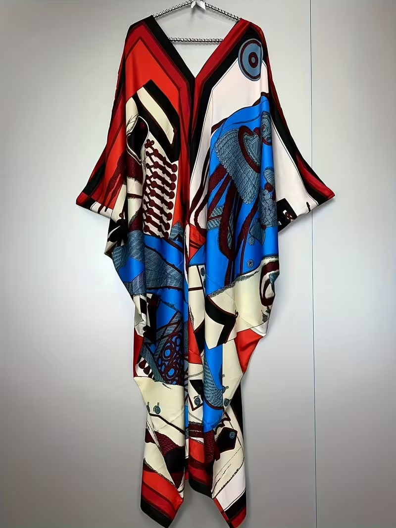 Elegant Boho Print V-Neck Abaya Dress for Women 