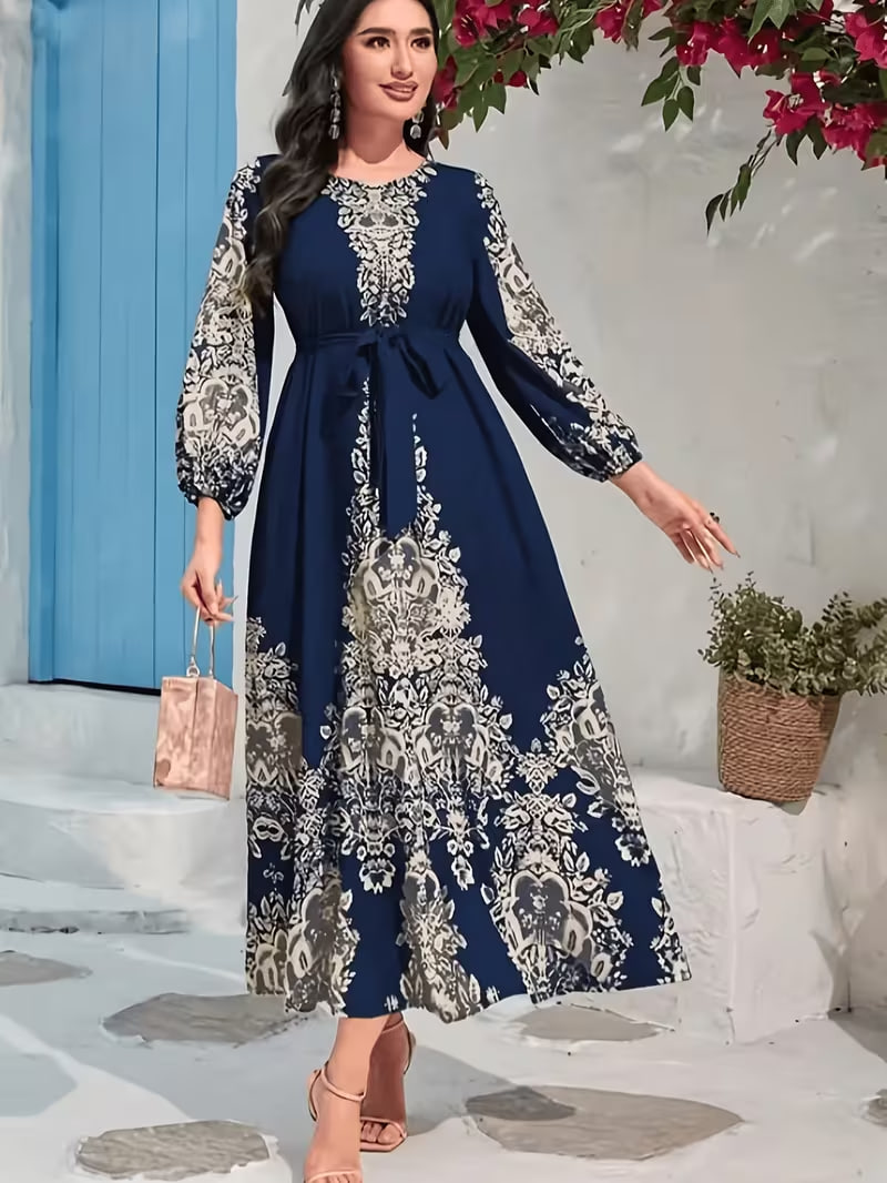 Women's Long Printed Belted Dress Middle Eastern Arab Thobe