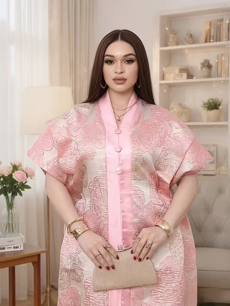 Women'S V-Neck Long Robe Made from a Combination of Jacquard And Satin Fabrics