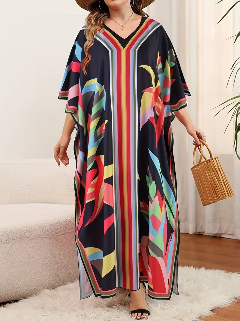 Women's Middle Eastern Plus Size Robe, Casual V-Neck Line Print Muslim Plus Size Beach Robe