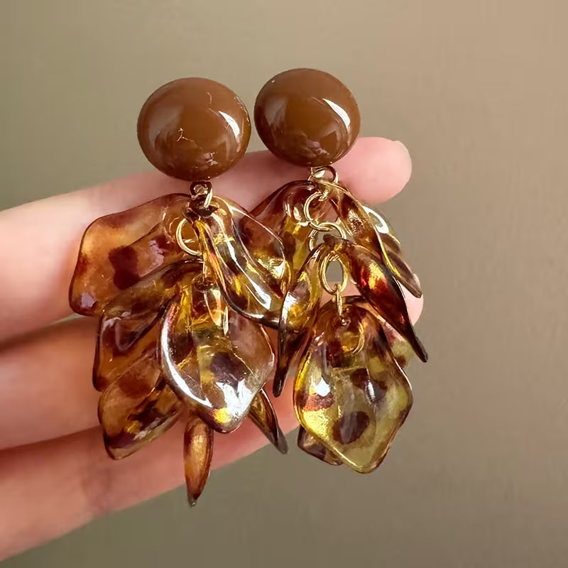 Retro Maillard-Style -Coated Leopard Print Petal Tassel Earrings - Vintage 
