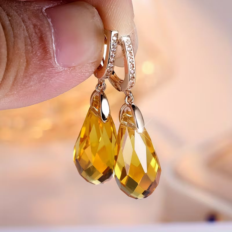 1 Pair Luxury Golden Color Teardrop Cut Yellow Stone Earrings Trendy Long Dangle Earrings Valentine's Day Halloween Gifts