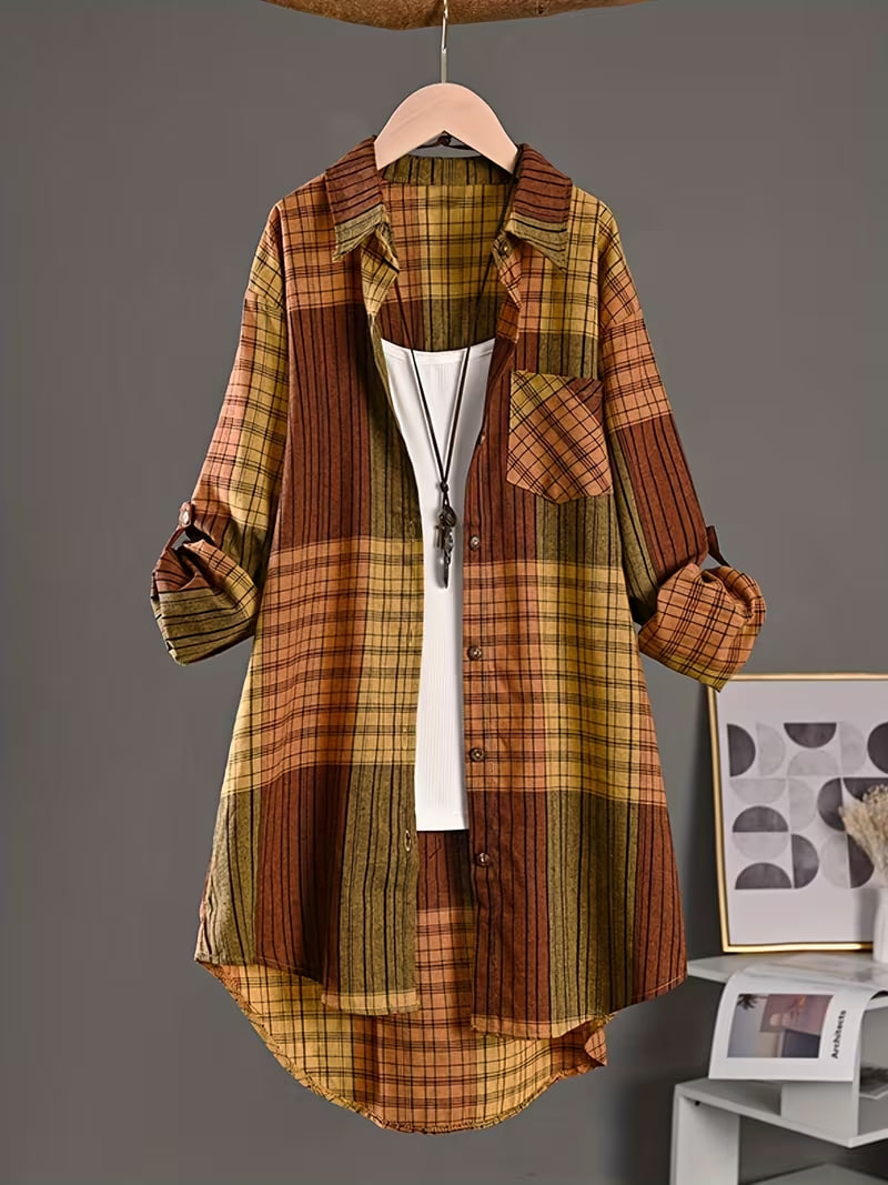Casual Retro Mid-Length Shirt Women'S New Striped Checkered Loose Long Shirt New Fashion Long Sleeve Women'S Sunscreen Shirt