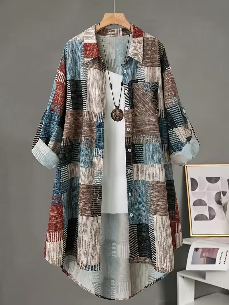 Bohemian Style Color Block Long Sleeve Shirt / Vintage Color Block 